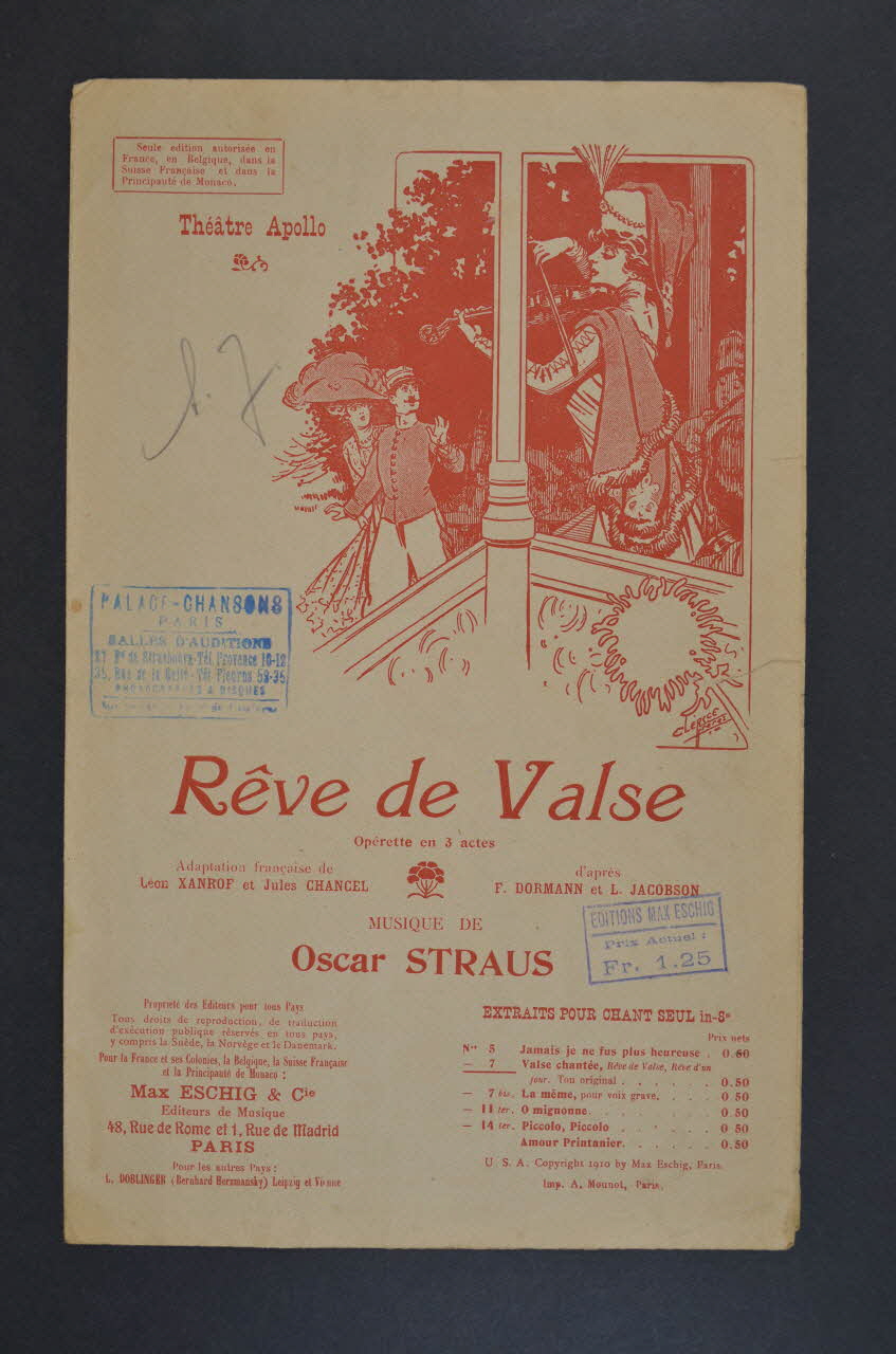 Jules Chancel ; Léon Xanrof ; Oscar Strauss ; Éditions Max Eschig chanson petit format 1907 1965.136.17 Photo Mucem