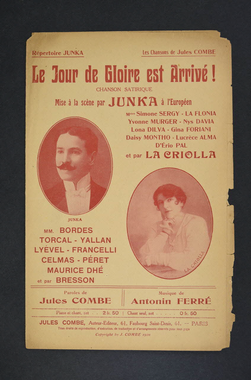 Jules Combe ; Antoine Ferré ; La Criolla ; Léonce Junka chanson petit format 1919 1966.121.277 Photo Mucem