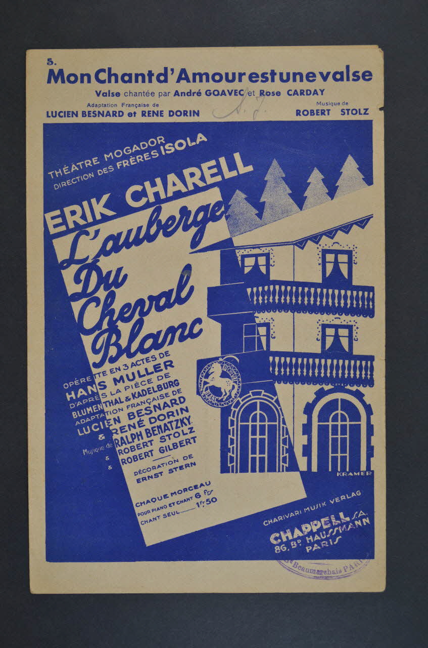 René Dorin ; Lucien Besnard ; Robert Stolz ; Andrée Goavec ; Rose Carday ; Chappell; chanson petit format 1930 1965.136.34 Photo Mucem
