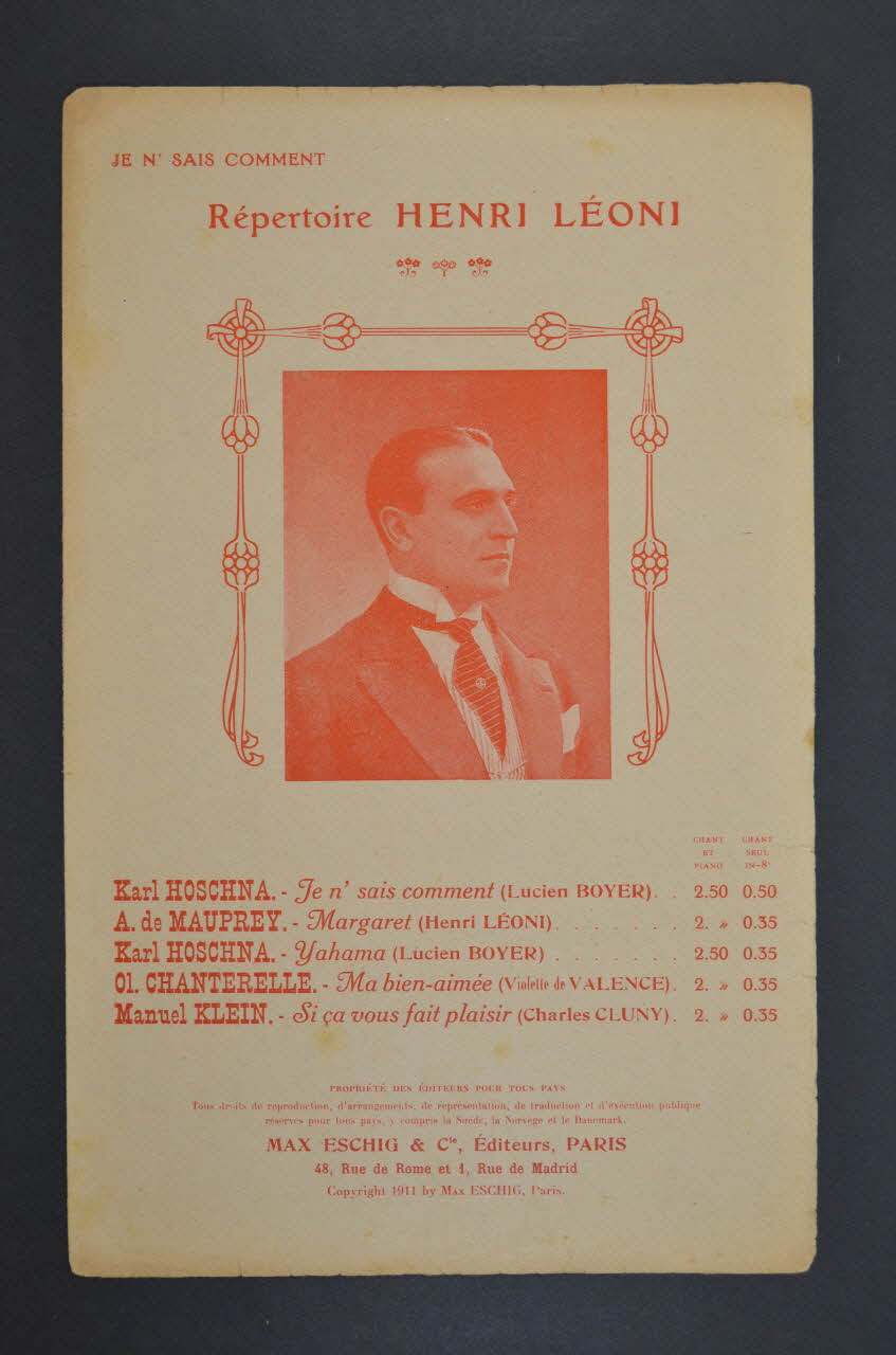 Lucien Boyer ; Karl Hoschna ; Henri Leoni ; Éditions Max Eschig chanson petit format 1911 1966.121.43 Photo Mucem