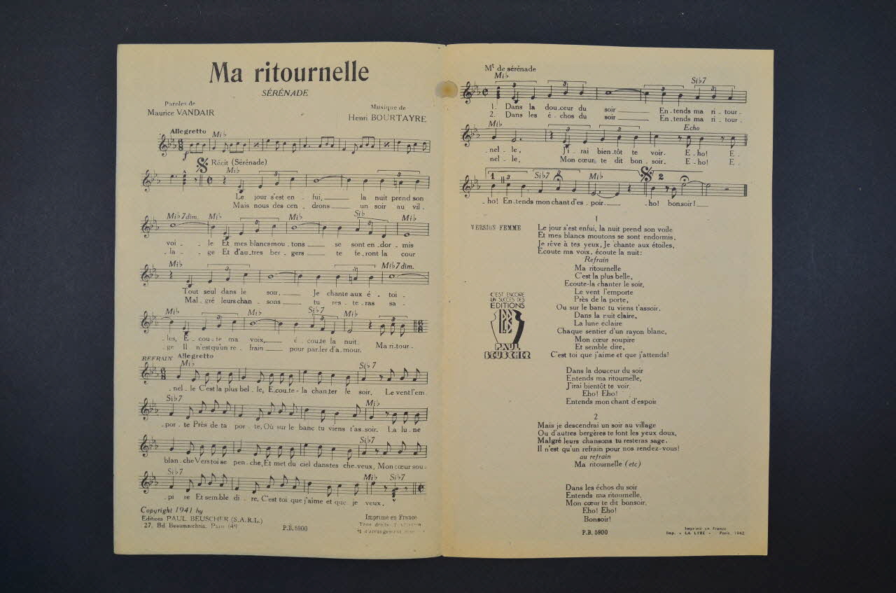 Maurice Vandair ; Henri Bourtayre ; Tino Rossi ; Paul Beuscher, Editions chanson petit format 1941 1965.136.54  Photo Mucem