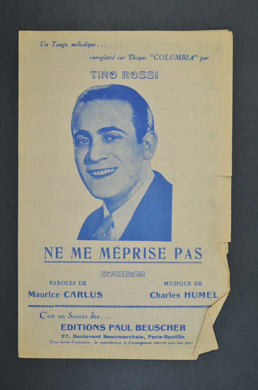 Maurice Carlus ; Charles Aumel ; Tino Rossi ; Paul Beuscher, Editions chanson petit format 1935 1965.136.56 Photo Mucem