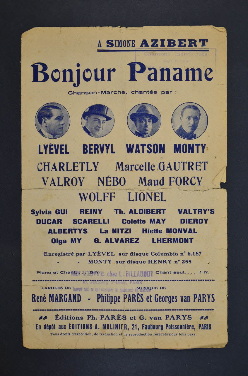 Georges Van Parys ; Philippe Parès ; R. Margand ; Lyével ; Watson ; Monty chanson petit format 1925 1965.136.58 Photo Mucem