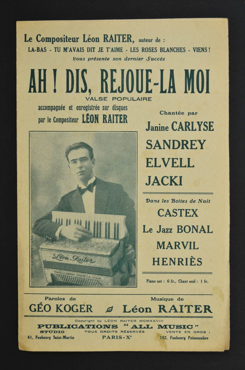 Géo Koger ; Léon Raiter ; Janine Carlyse ; All Music; chanson petit format 1928 1966.121.82 Photo Mucem