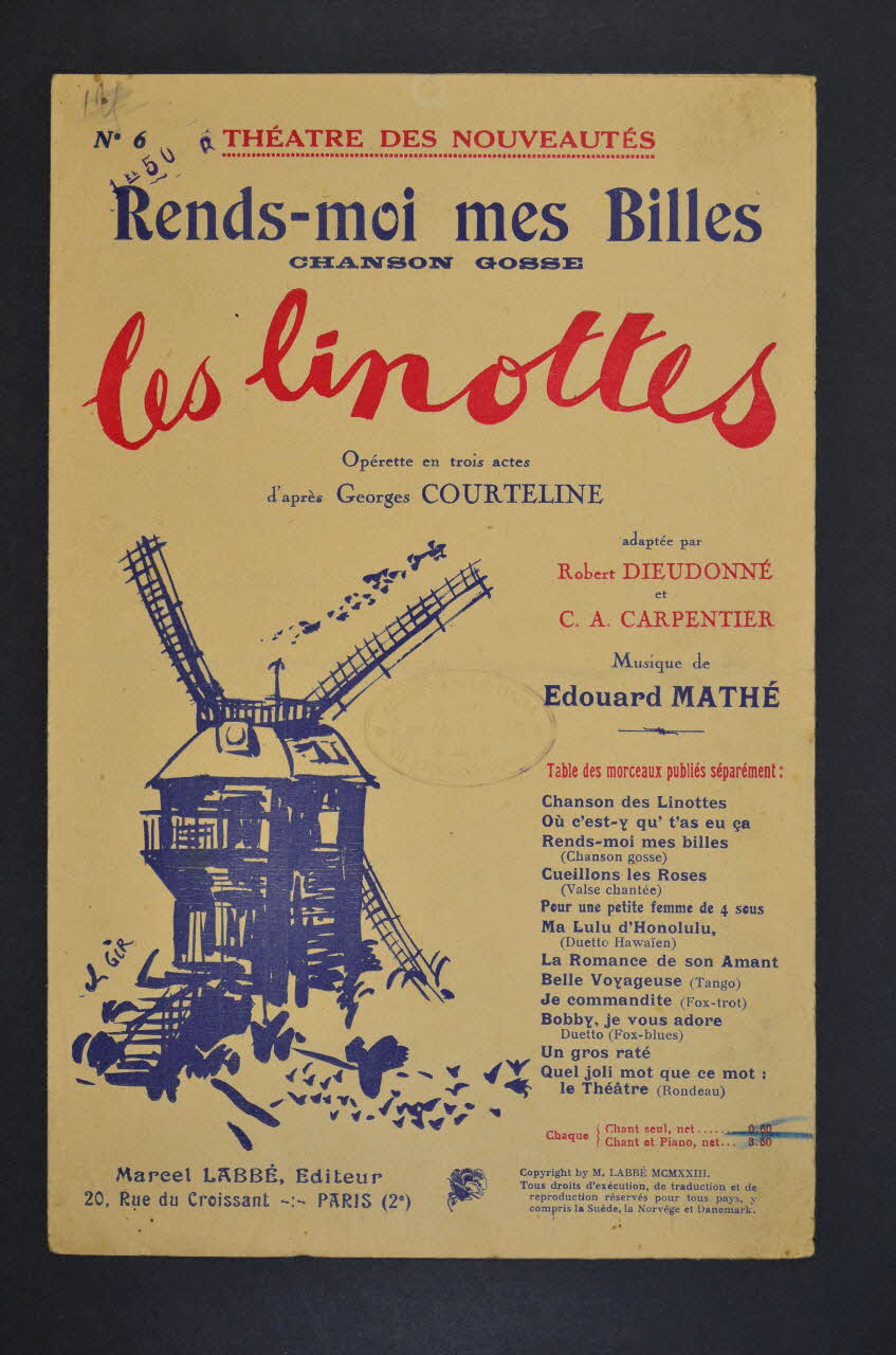 Georges Courteline ; Edouard Mathé ; Robert Dieudonné ; Charles-Alexis Carpentier ; Labbé chanson petit format 1923 1966.121.9 Photo Mucem