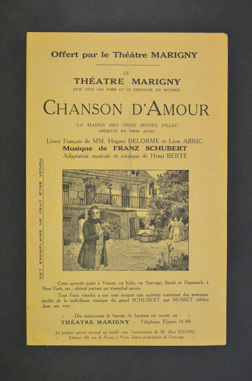 Henri Berté ; Franz Schubert ; Hugues Delorme ; Léon Abric ; Éditions Max Eschig chanson petit format 1916 1966.121.90 Photo Mucem