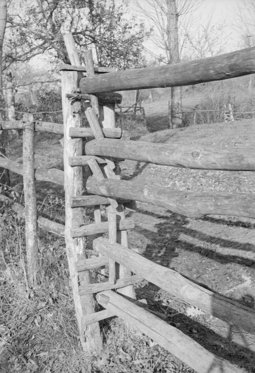 Guy Pison photographie Entre Avezé et Préval. Barrière de champ en bois Pays de la Loire, France 1937/10/30 Ph.1937.2687 Photo