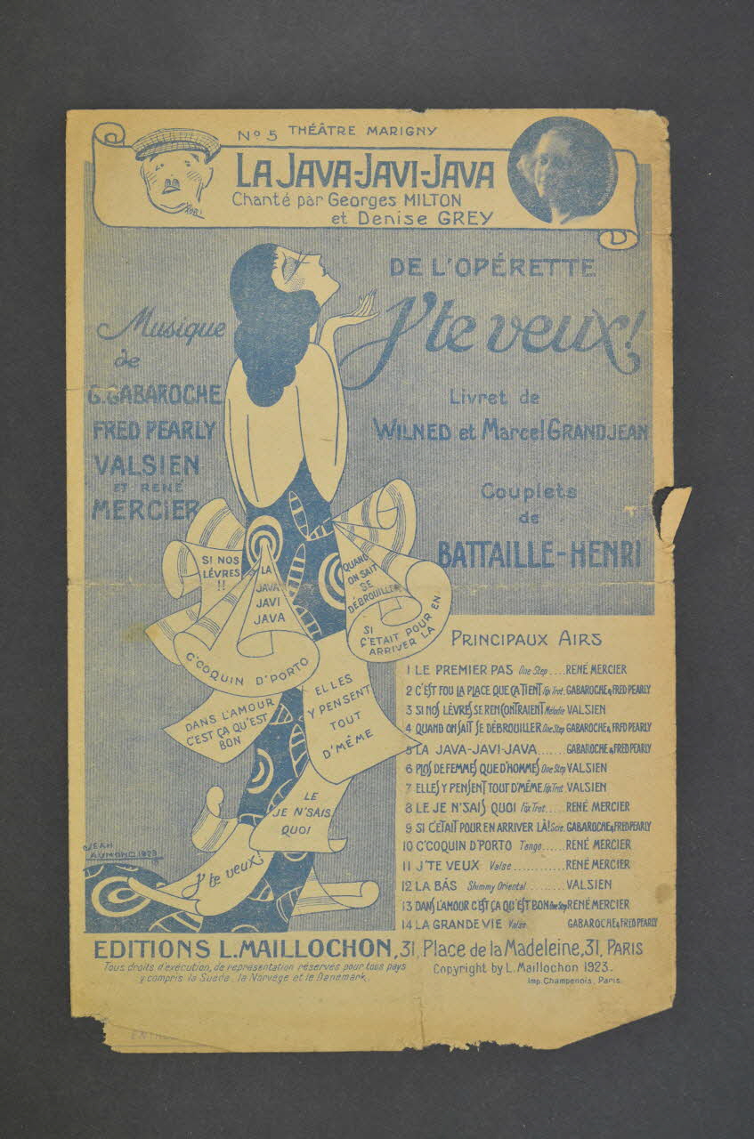 Fred Pearly ; Gaston Gabaroche ; Albert Valsien ; Marcel Grandjean ; Wilned ; René Mercier ; Jacques Battaille-Henri ; Georges Milton ; Denise Grey ; L. Maillochon chanson petit format 1923 1965.137.26 Photo Mucem