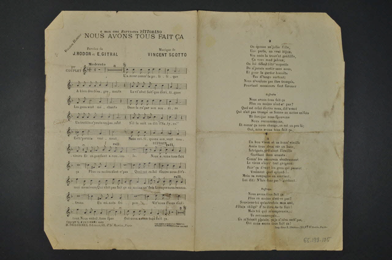 Gitral ; Jean Rodor ; Vincent Scotto ; H. Delormel chanson petit format Île-de-France, France 1915 1965.138.105 Photo Mucem