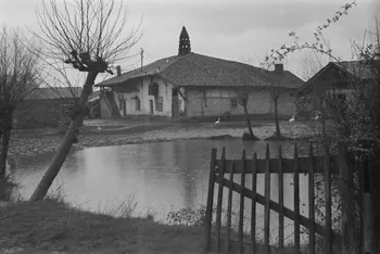 Guy Pison photographie Grange Rodet. Façade Ouest de la ferme et mare Rhône-Alpes, France 1937/3/20 Ph.1937.346 Photo