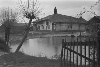 Guy Pison photographie Grange Rodet. Façade Ouest de la ferme et mare Rhône-Alpes, France 1937/3/20 Ph.1937.347 Photo