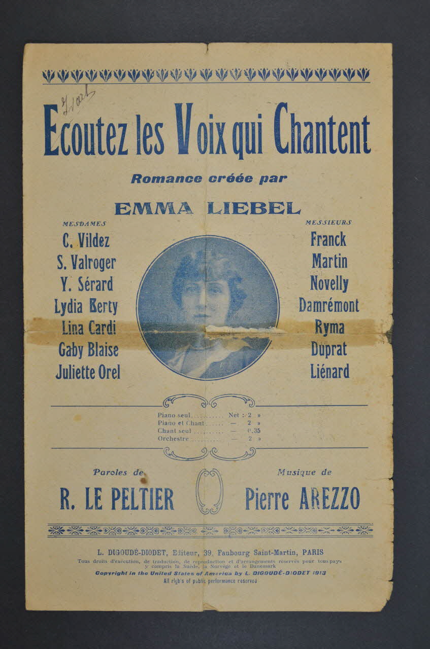 Raoul Le Peltier ; Pierre Arezzo ; Emma Liébel ; Digoudé-Diodet; chanson petit format Île-de-France, France 1913 1966.123.40 Photo Mucem