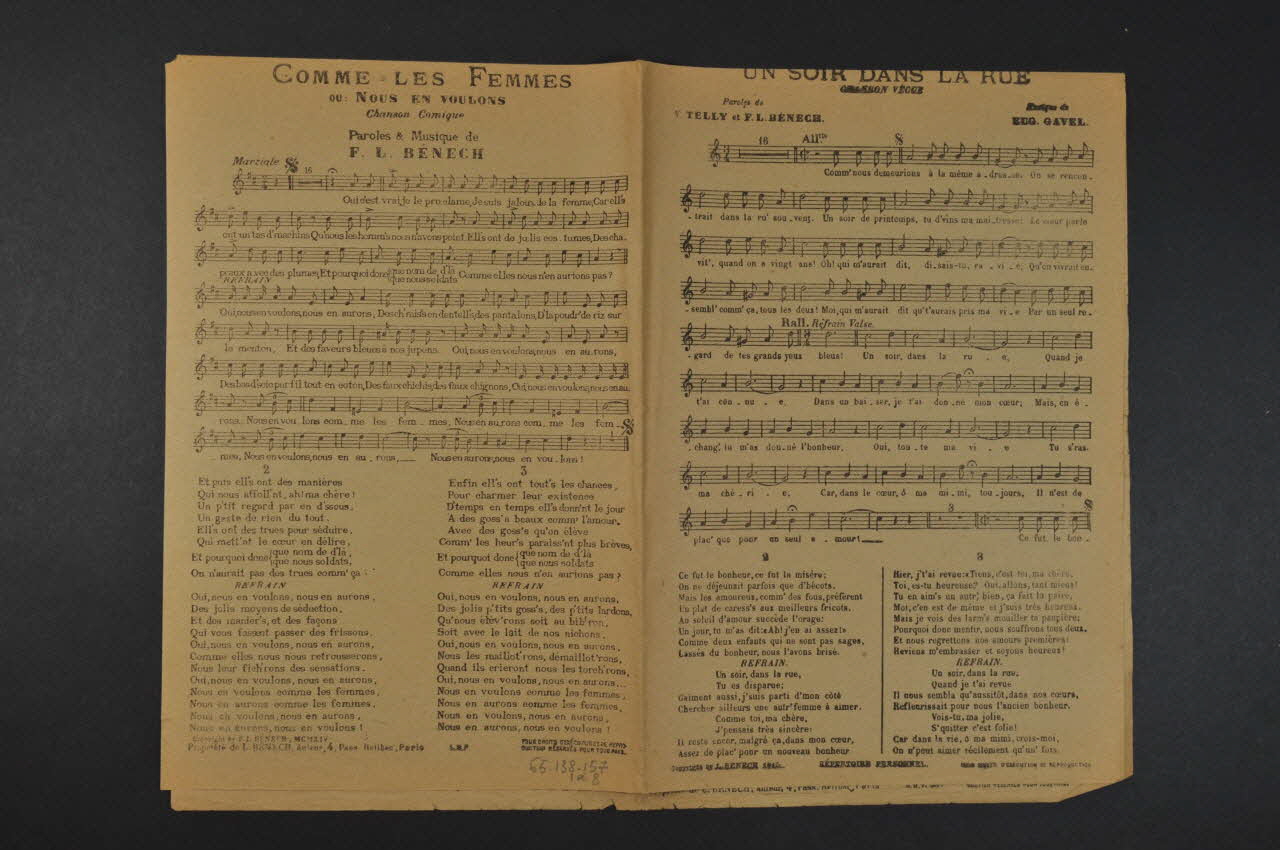 Vincent Telly ; Ferdinand Louis Bénech ; Eugène Gavel ; Ernest Dumont chanson petit format 1914 1965.138.157 Photo Mucem