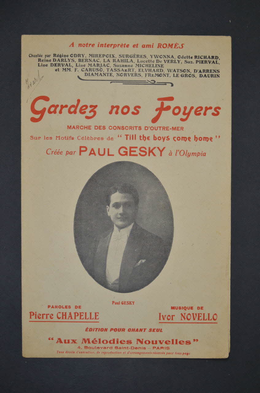 Pierre Chapelle ; Ivor Novello ; Paul Gesky ; Aux Mélodies Nouvelles chanson petit format Île-de-France, France 1914 1966.123.55 Photo Mucem