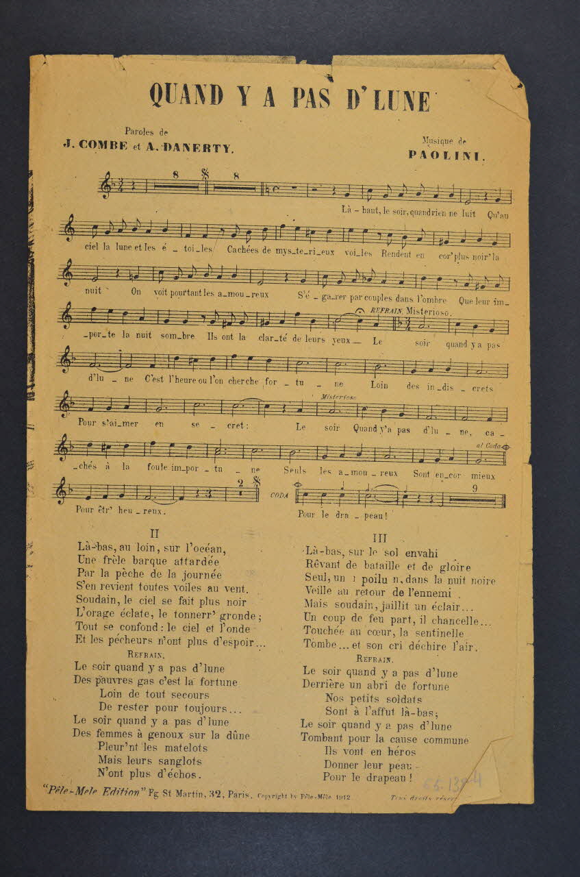 A. Danerty ; Jules Combe ; Polini ; Jane Pierly ; Pêle-Mêle Edition; chanson petit format Île-de-France, France 1912 1965.138.24 Photo Mucem
