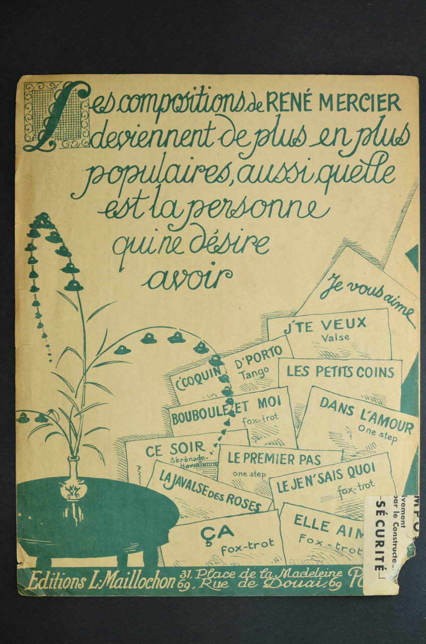 Vincent Telly ; René Mercier ; Dréan ; L. Maillochon chanson petit format Île-de-France, France 1924 1966.123.89 Photo Mucem