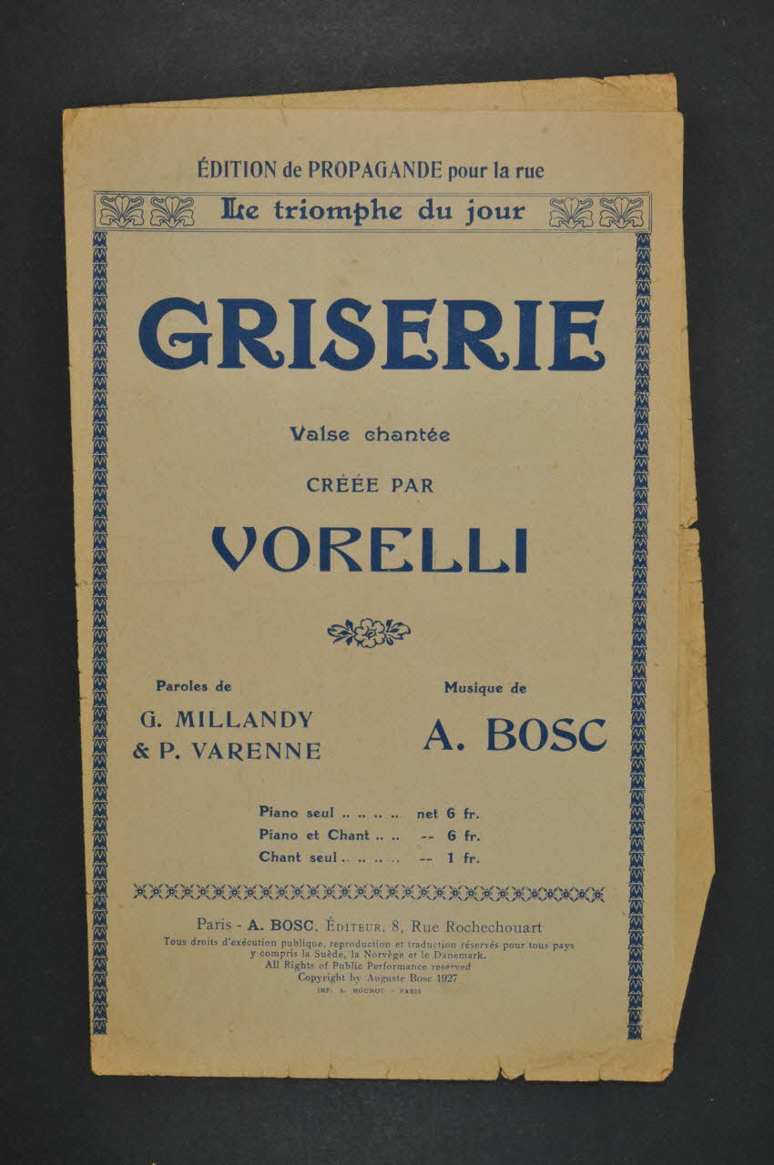 Pierre Varenne ; Georges Millandy ; Vincent Telly ; Auguste Bosc ; Georges Vorelli chanson petit format Île-de-France, France 1927 1965.138.43 Photo Mucem