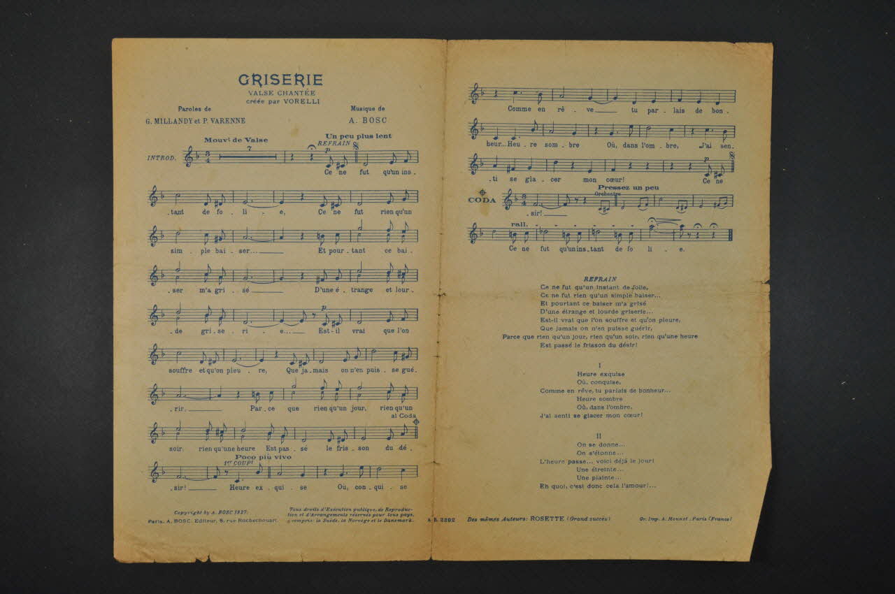 Pierre Varenne ; Georges Millandy ; Vincent Telly ; Auguste Bosc ; Georges Vorelli chanson petit format Île-de-France, France 1927 1965.138.43 Photo Mucem