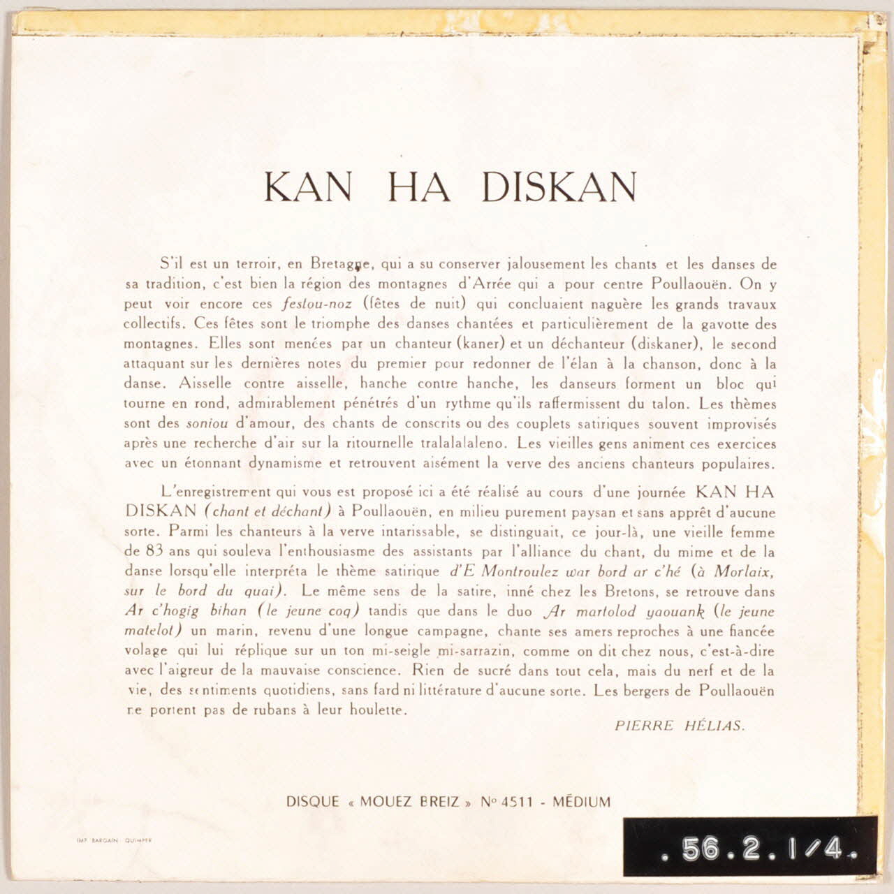 disque 45 tours Ar martolod yaouank MUS1956.2.1-4 Photo