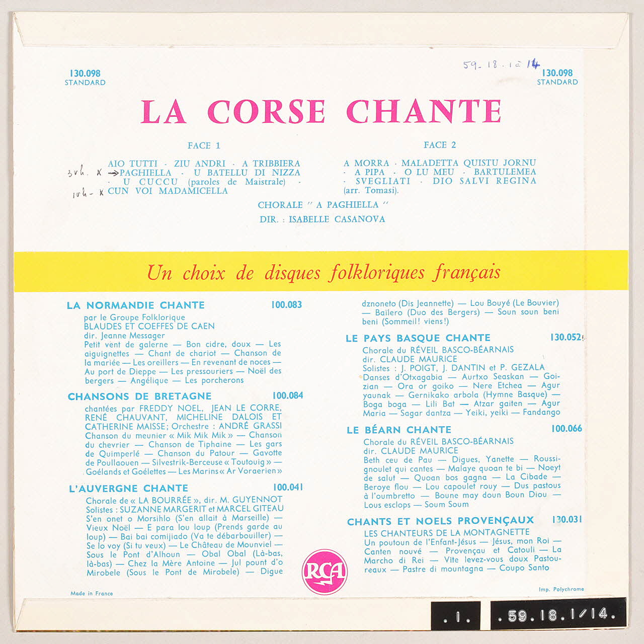 disque 33 tours La Corse chante MUS1959.18.1-14 Photo