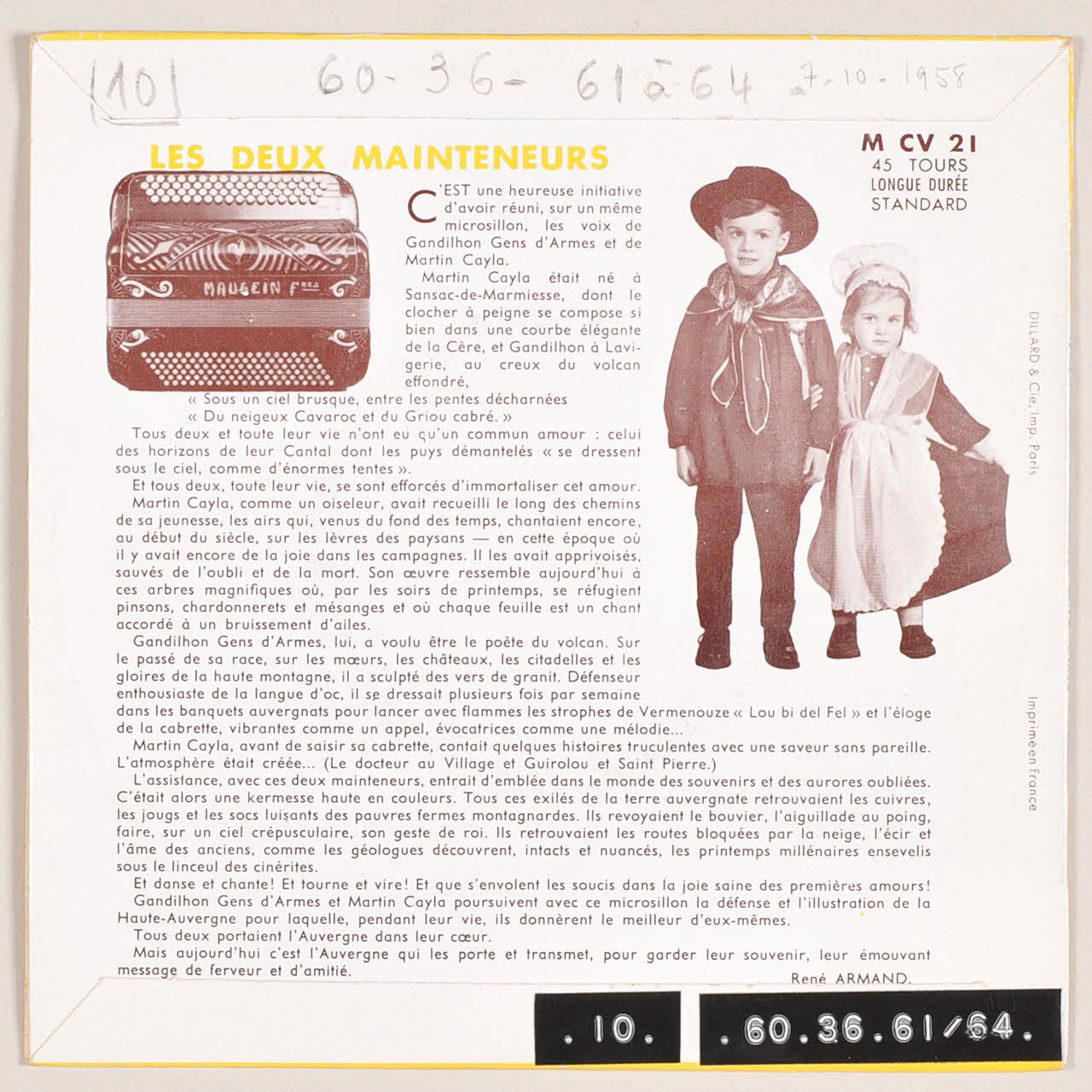 disque 45 tours Lou bi del fel MUS1960.36.61-64 Photo