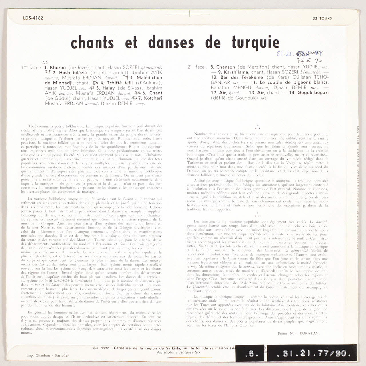disque 33 tours Chants et danses de Turquie MUS1961.21.77-90 Photo