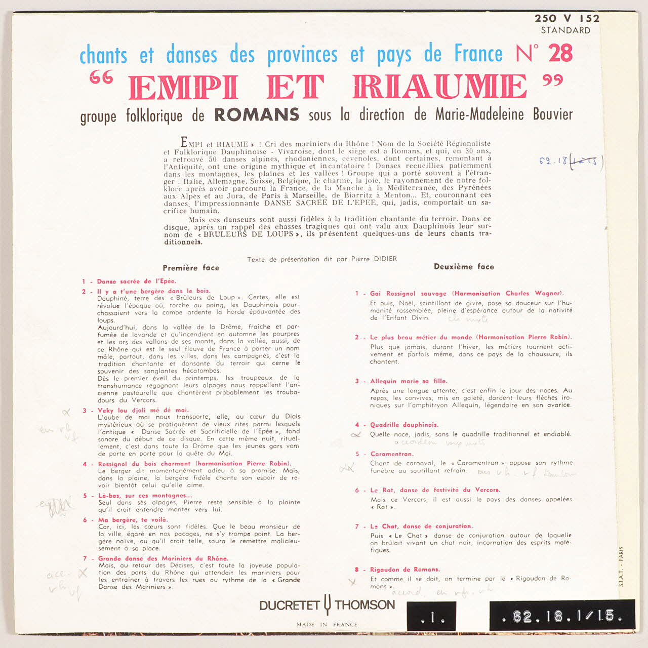 disque 33 tours Quadrille dauphinois MUS1962.18.1-15  Photo