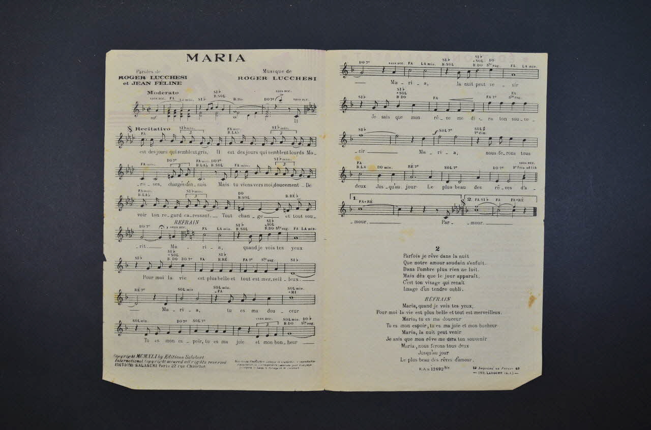 Jean Féline ; Roger Lucchesi ; Tino Rossi ; Salabert chanson petit format Île-de-France, France 1941 1965.138.74 Photo Mucem