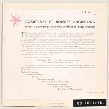 disque 45 tours Comptines et rondes enfantines MUS1963.10.1-16  Photo