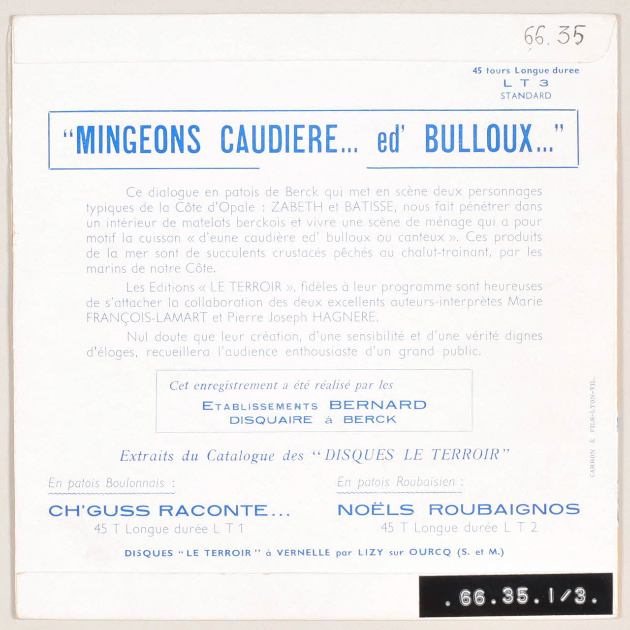 disque 45 tours Mingeons caudière ed' bulloux MUS1966.35.1-3  Photo