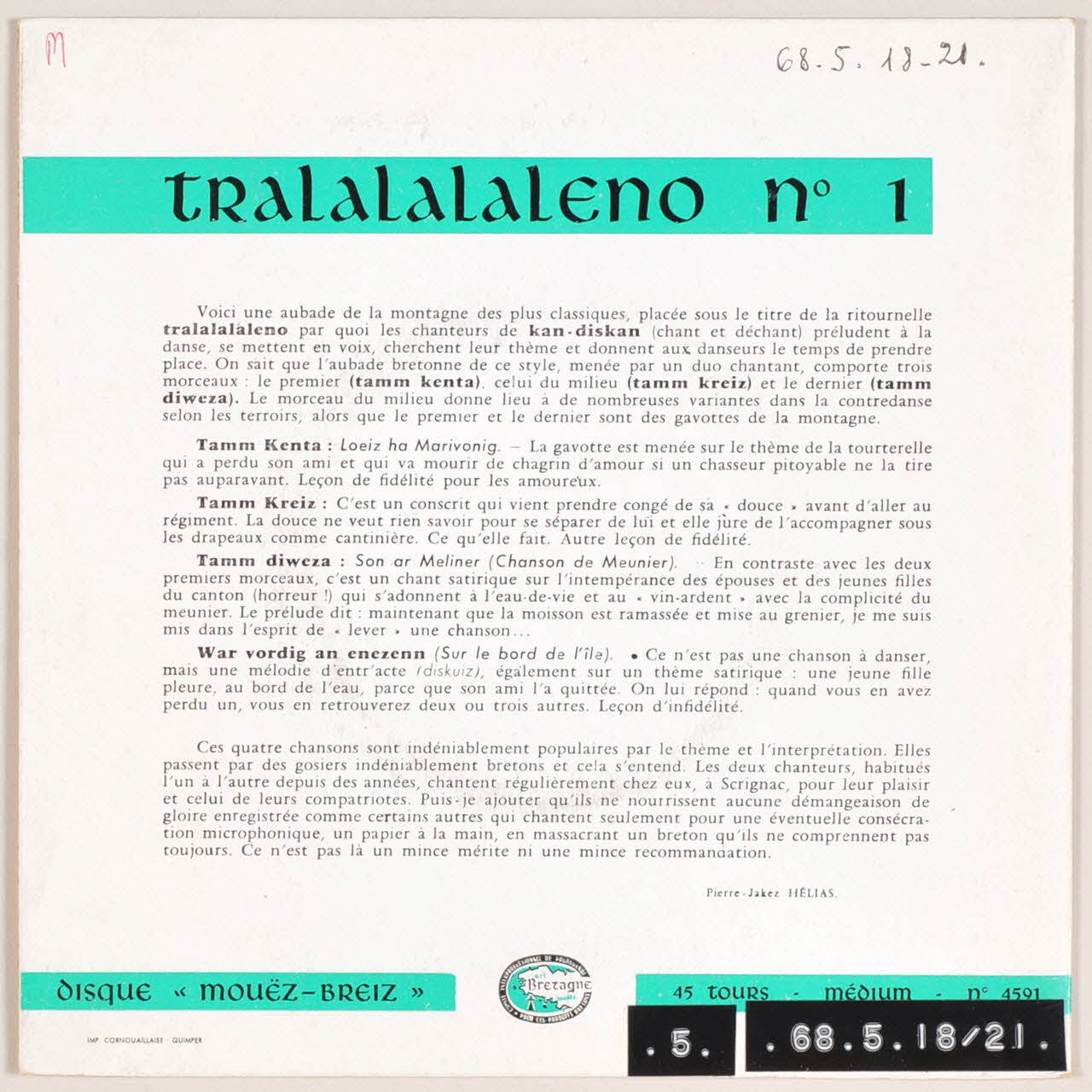 disque 45 tours War vordig an dour MUS1968.5.18-21 Photo