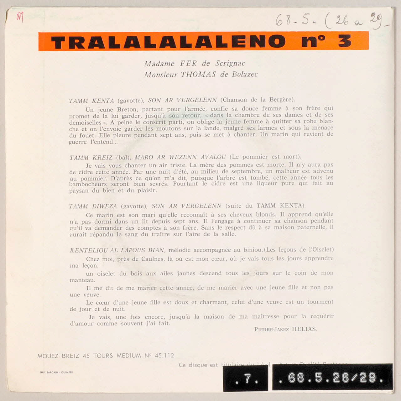 disque 45 tours Kentelliou ar labousig bian MUS1968.5.26-29  Photo