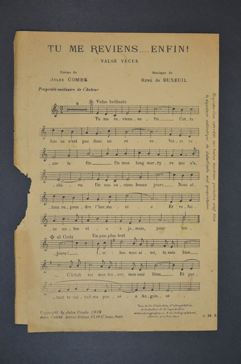 Jules Combe ; René De Buxeuil chanson petit format Île-de-France, France 1919 1965.138.91 Photo Mucem