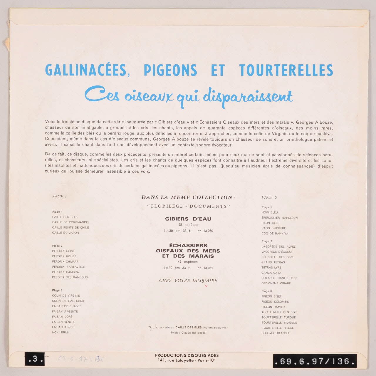 disque 33 tours Gallinacées, pigeons et tourterelles, ces oiseaux qui disparaissent MUS1969.6.97-136 Photo
