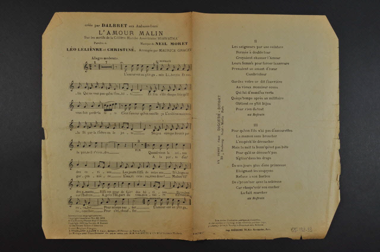 Henri Christiné ; Neil Morét ; Léo Lelièvre ; Paul Dalbret ; Bourlant-Ladam; chanson petit format Île-de-France, France 1902 1965.138.93 Photo Mucem