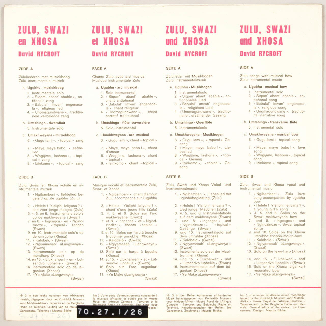 disque 33 tours Musique Zulu-Swazi et Xhosa MUS1970.27.1-26 Photo