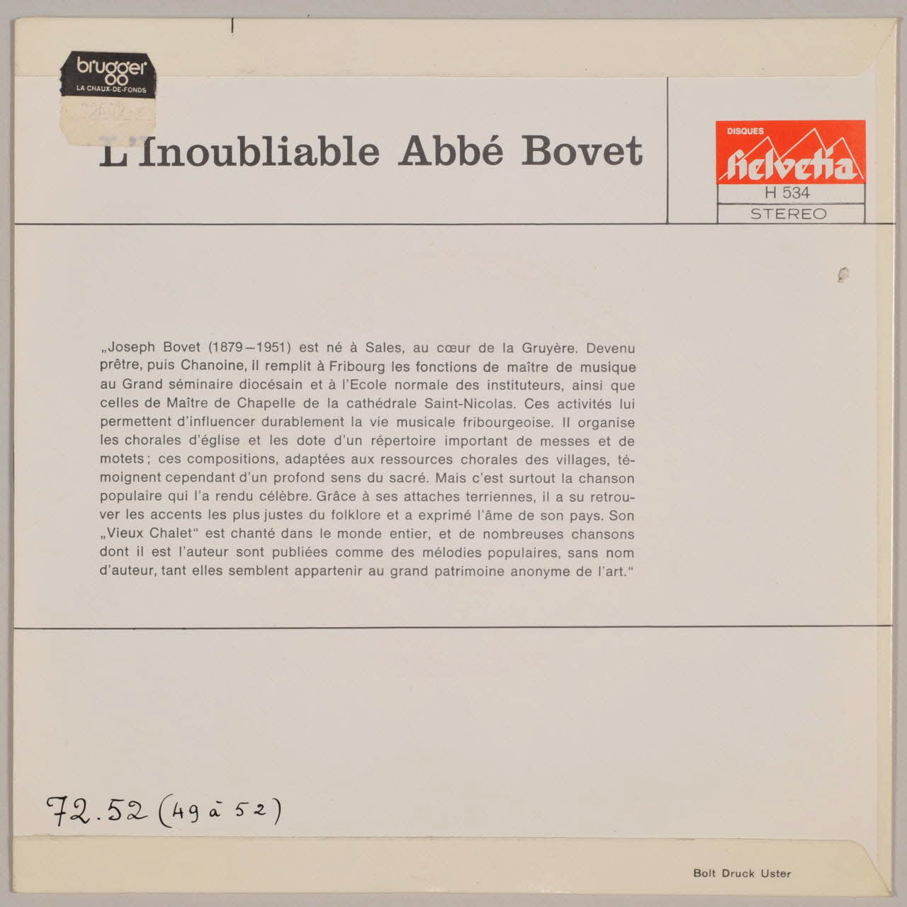 disque 45 tours L'inoubliable abbé Bovet MUS1972.52.49-52 Photo