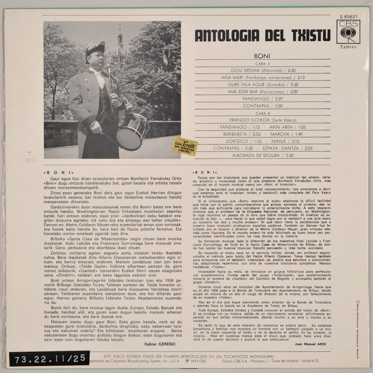 disque 33 tours Antologia del txistu MUS1973.22.11-25  Photo