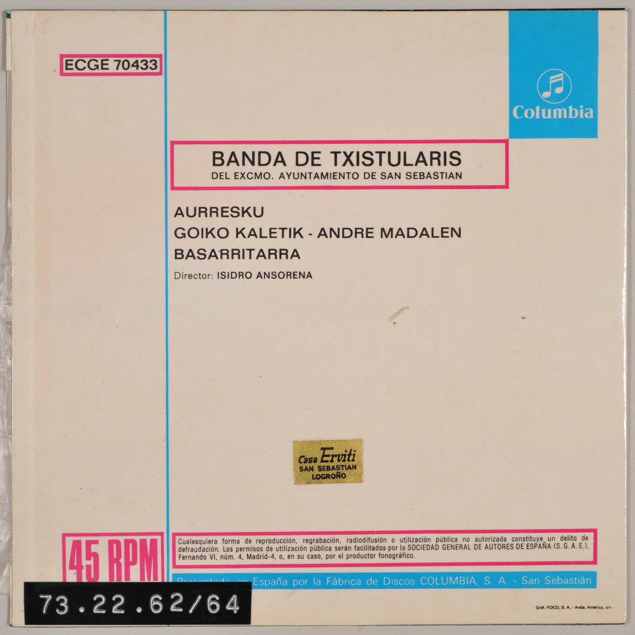 disque 45 tours Banda de txistularis MUS1973.22.62-64  Photo