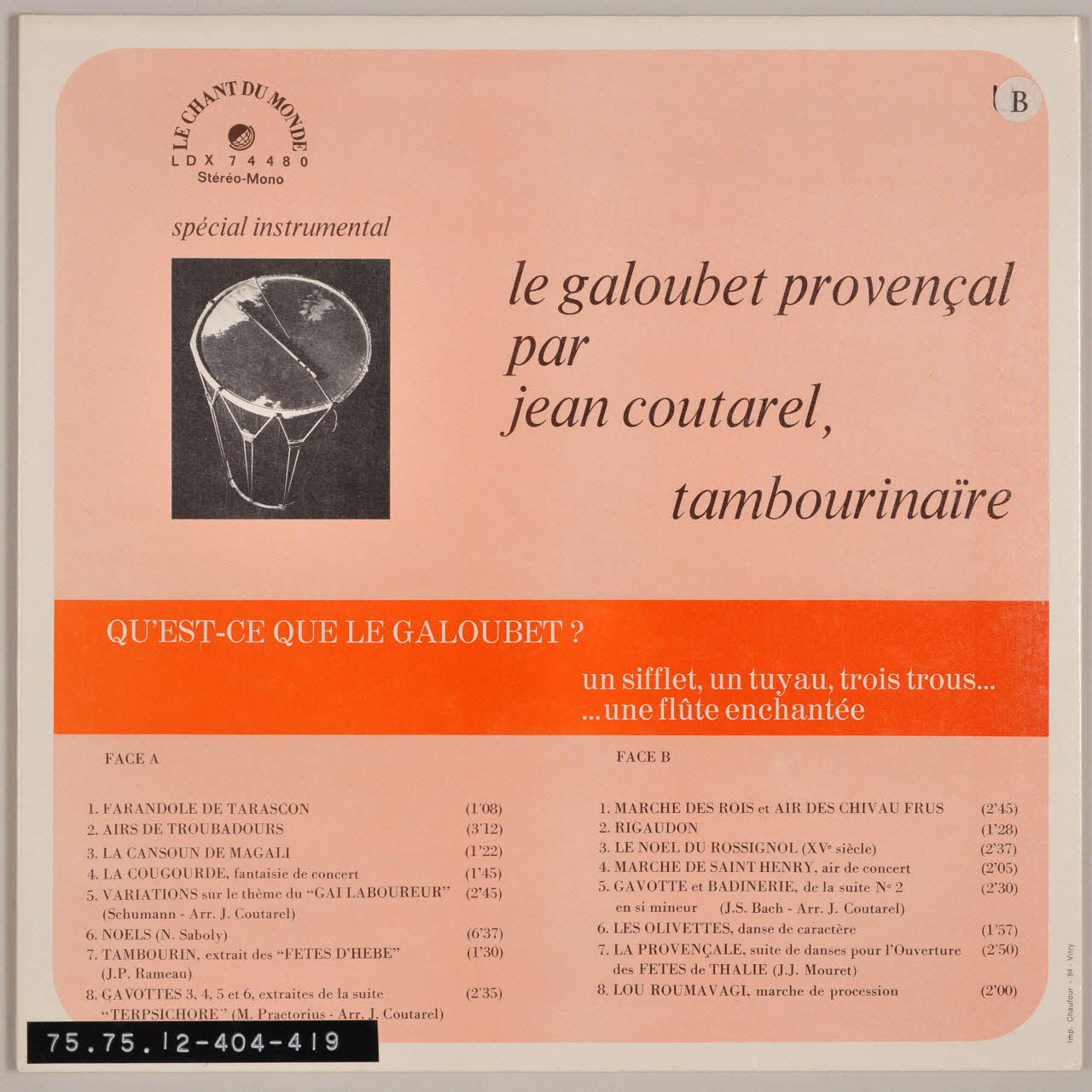 disque 33 tours Le galoubet provençal MUS1975.12.404-419 Photo