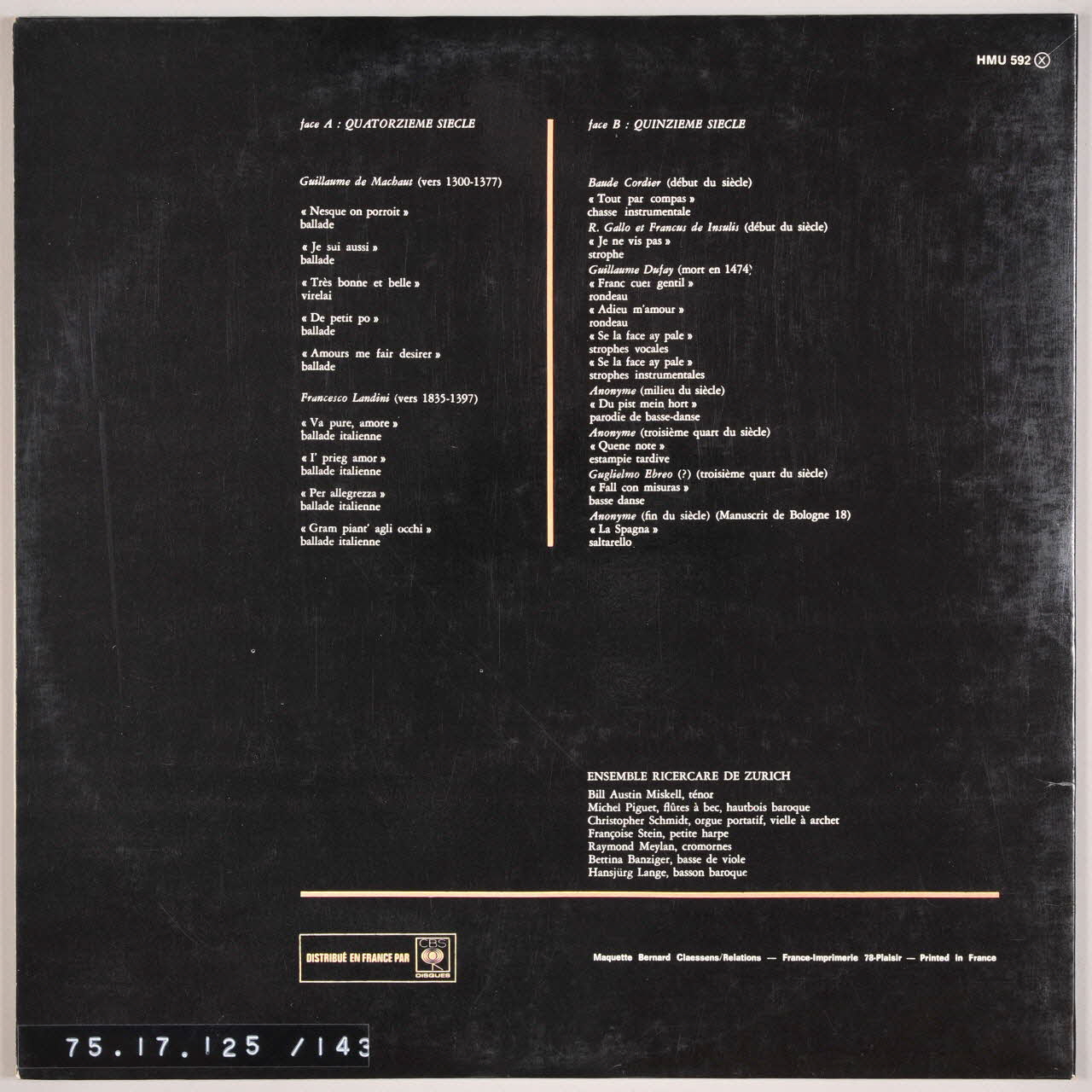 disque 33 tours Ballades, rondeaux et virelais MUS1975.17.125-143 Photo