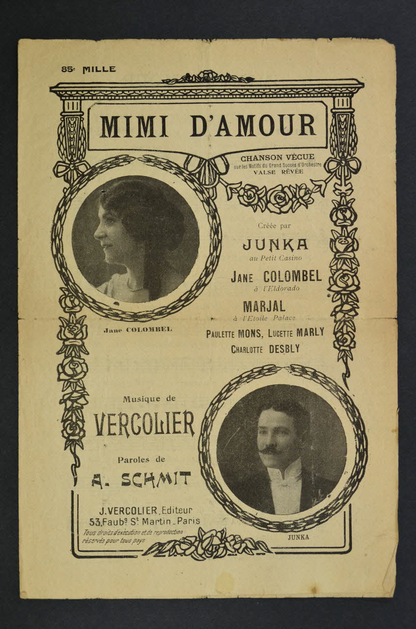J. Vercolier ; A. Schmit ; Léonce Junka ; Jane Colombel chanson petit format 1911 1965.139.12 Photo Mucem