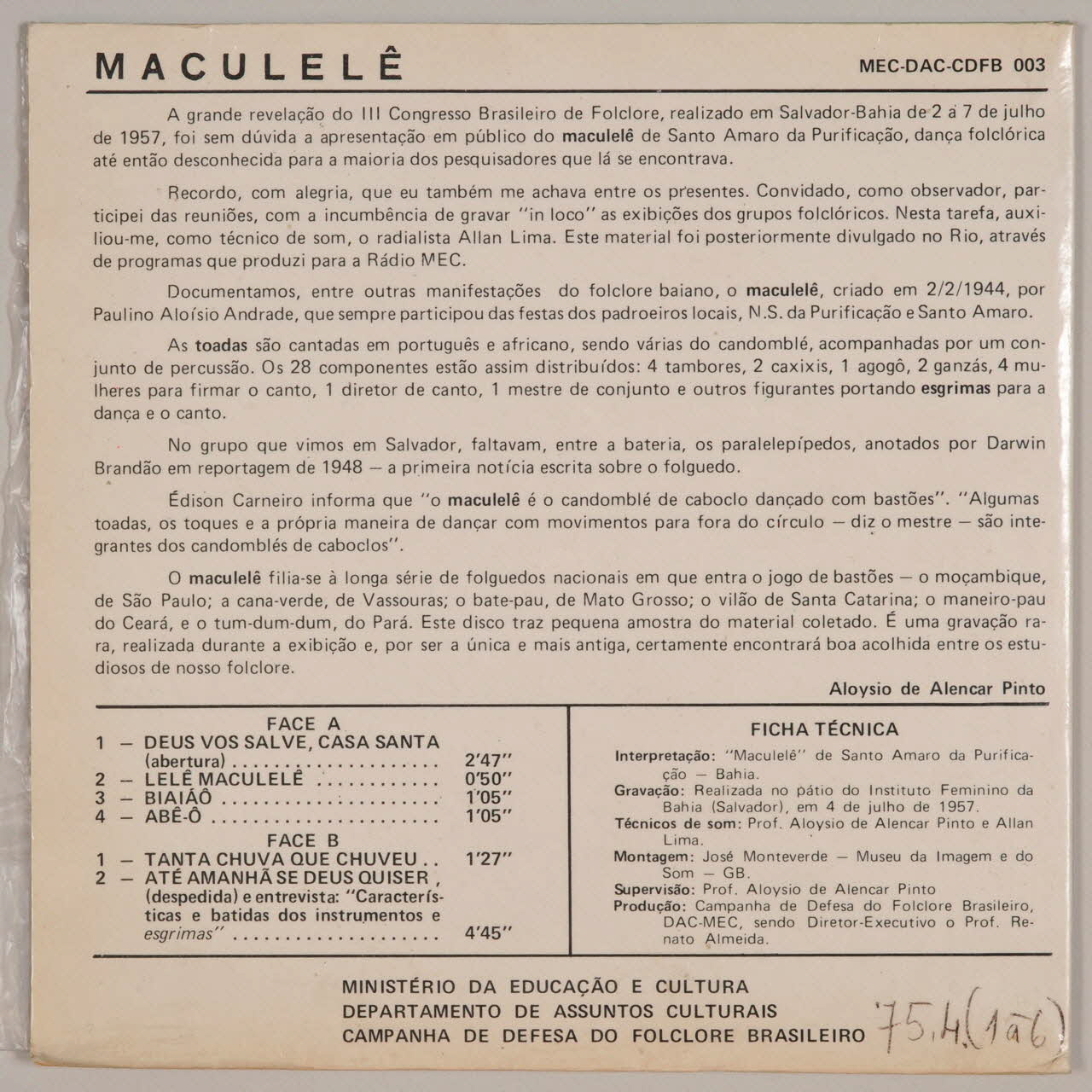 disque 33 tours Abê-ô MUS1975.4.1-6 Photo