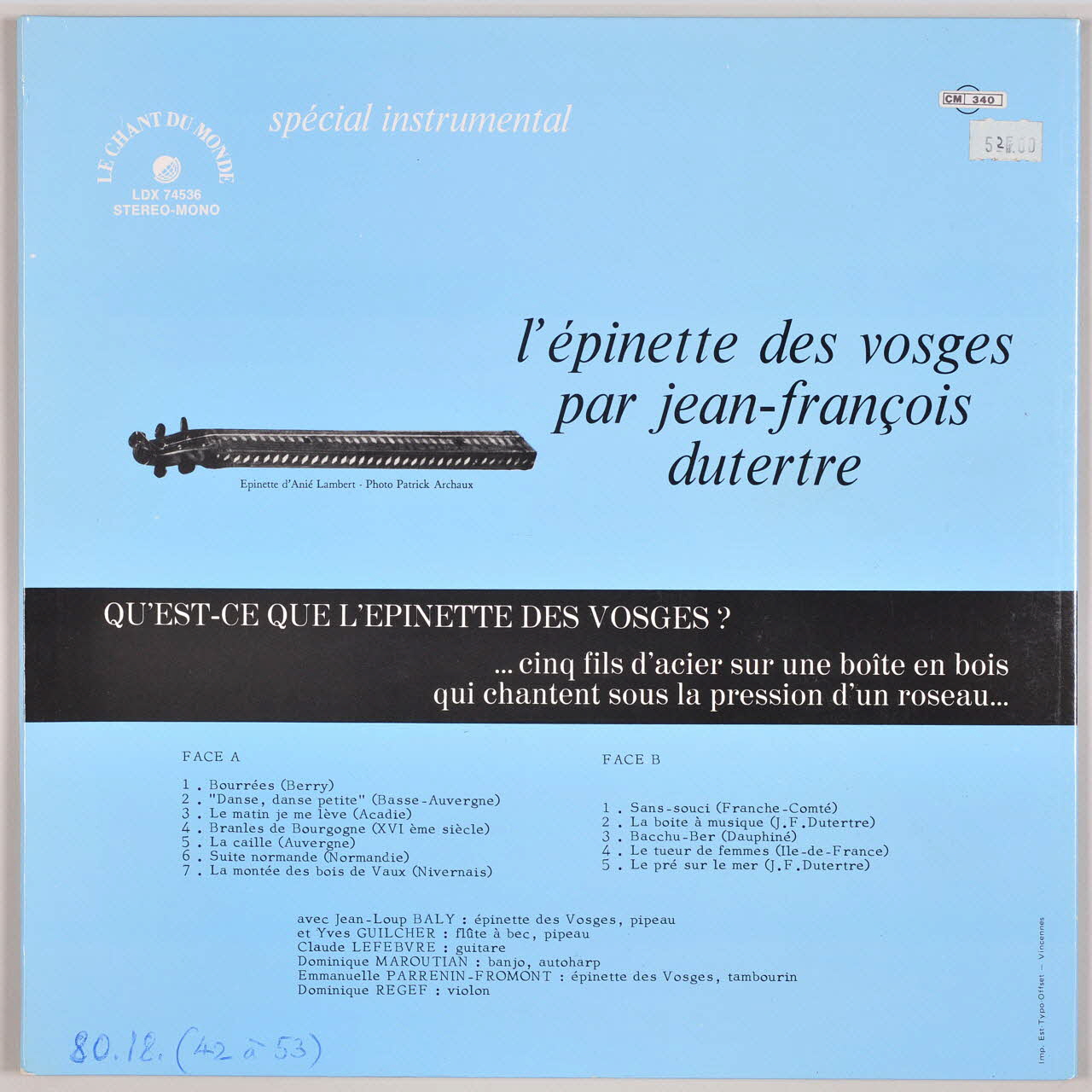 disque 33 tours L'épinette des Vosges MUS1980.18.42-53 Photo