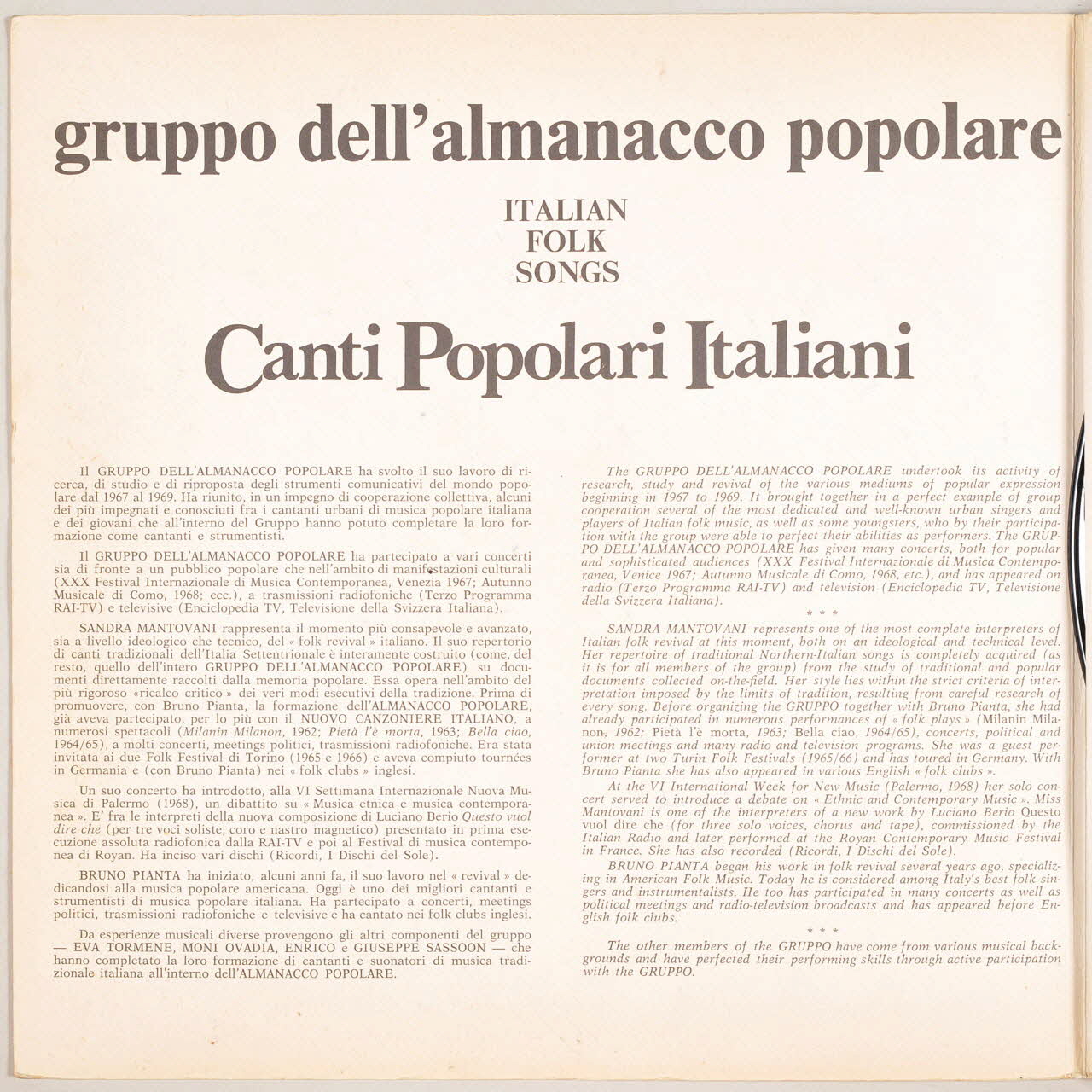 disque 33 tours Italian folk songs MUS1981.19.1-14 Photo