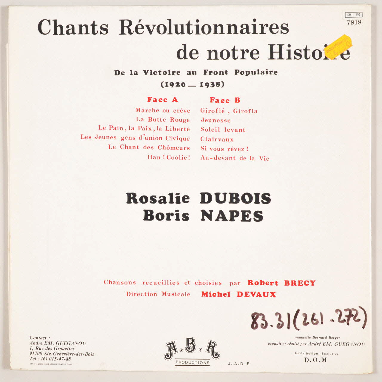disque 33 tours Les jeunes gens d'union civique MUS1983.31.261-272 Photo