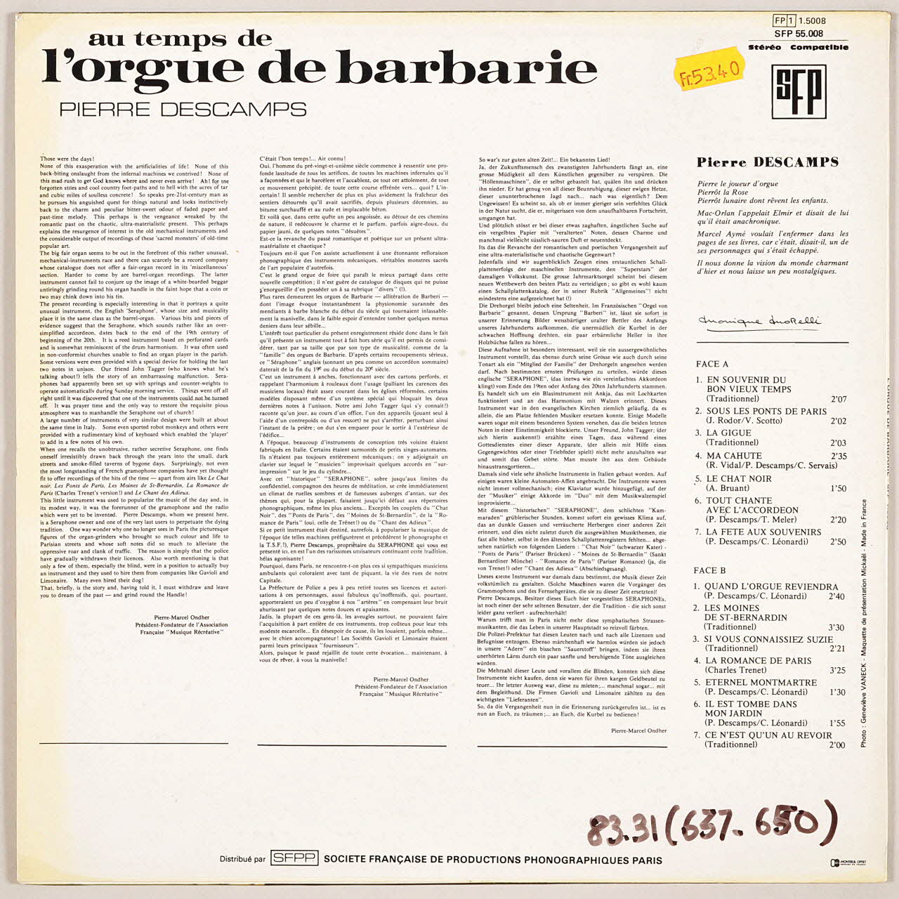 disque 33 tours Au temps de l'orgue de Barbarie MUS1983.31.637-650 Photo