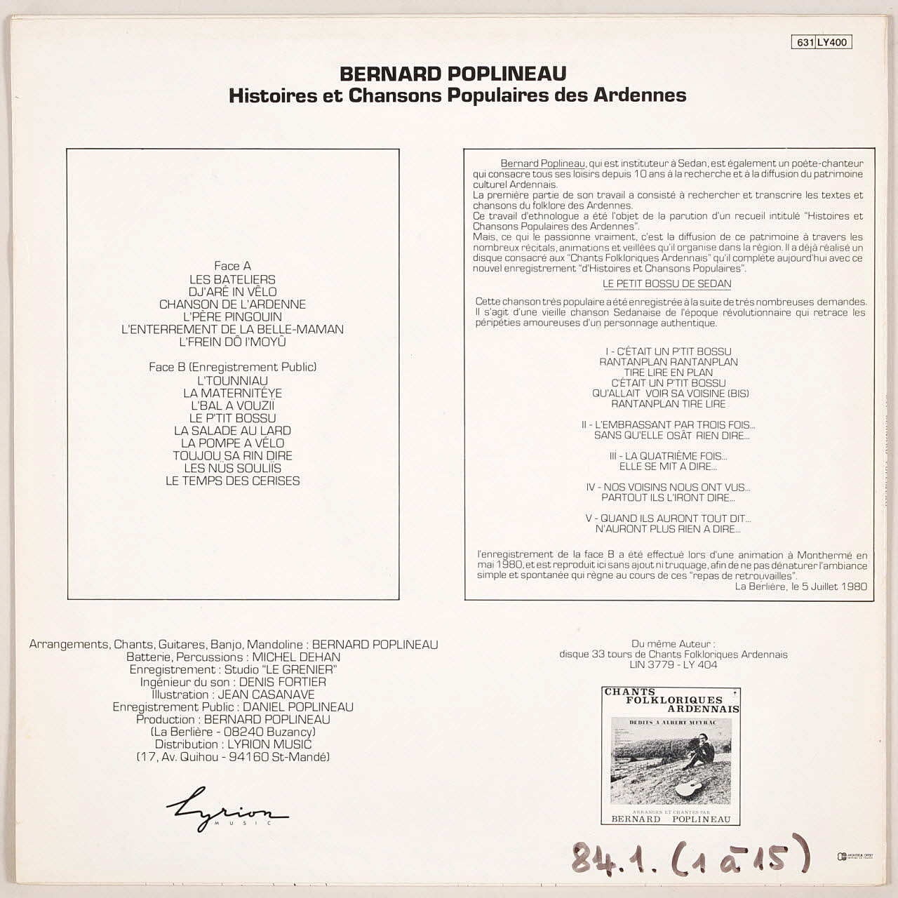 disque 33 tours Histoires et chansons populaires des Ardennes MUS1984.1.1-15 Photo