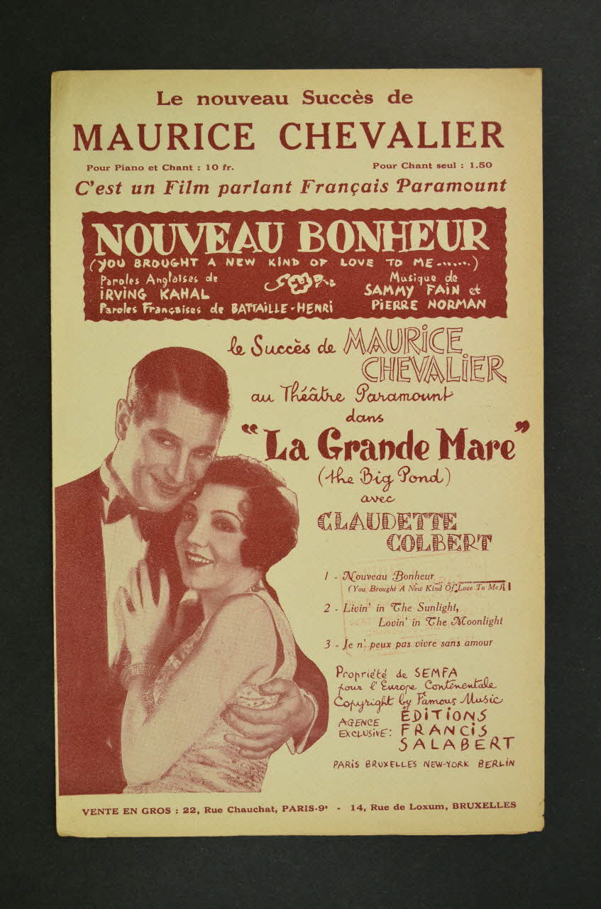 Irving Kahal ; Jacques Battaille-Henri ; Sammy Fain ; Pierre Norman ; Maurice Chevalier ; Salabert chanson petit format Île-de-France, France 1930 1965.144.109 Photo Mucem