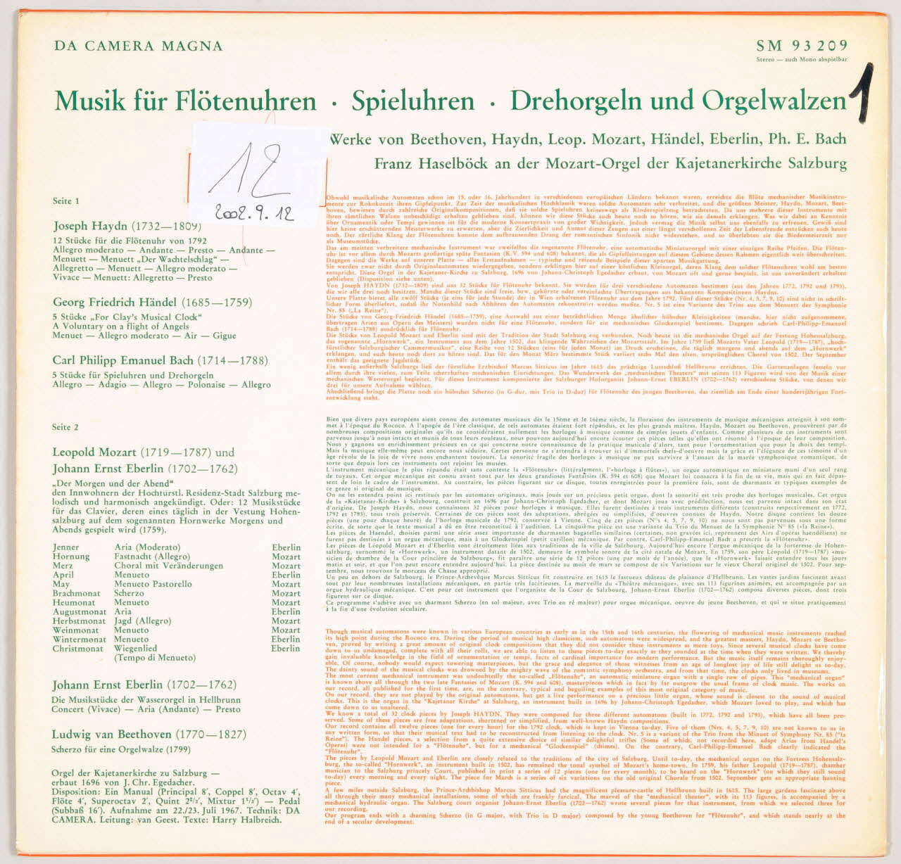 Joseph Haydn ; Ludwig Van Beethoven ; Georg Friendrich Haendel ; Léopold Mozart ; Johann Ernst Eberlin ; Carl Philipp Emanuel Bach ; Franz HaselböCk ; Da Camera Magna; disque 33 tours Der Morgen und der Abend 1967 MUS2002.9.12 Photo